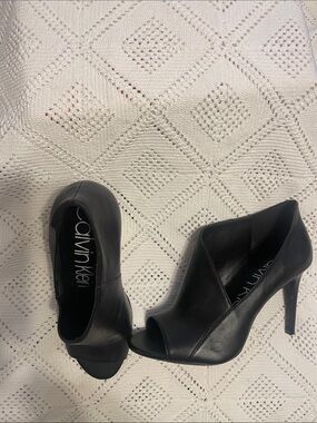 Calvin Klein Black Leather Peep-Toe Stiletto Booties